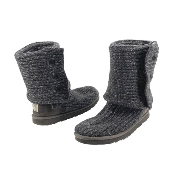 UGG Womens 8 Classic Cardy Knit Boots Gray Button Foldable Sheepskin Lined Cozy - Picture 1 of 8